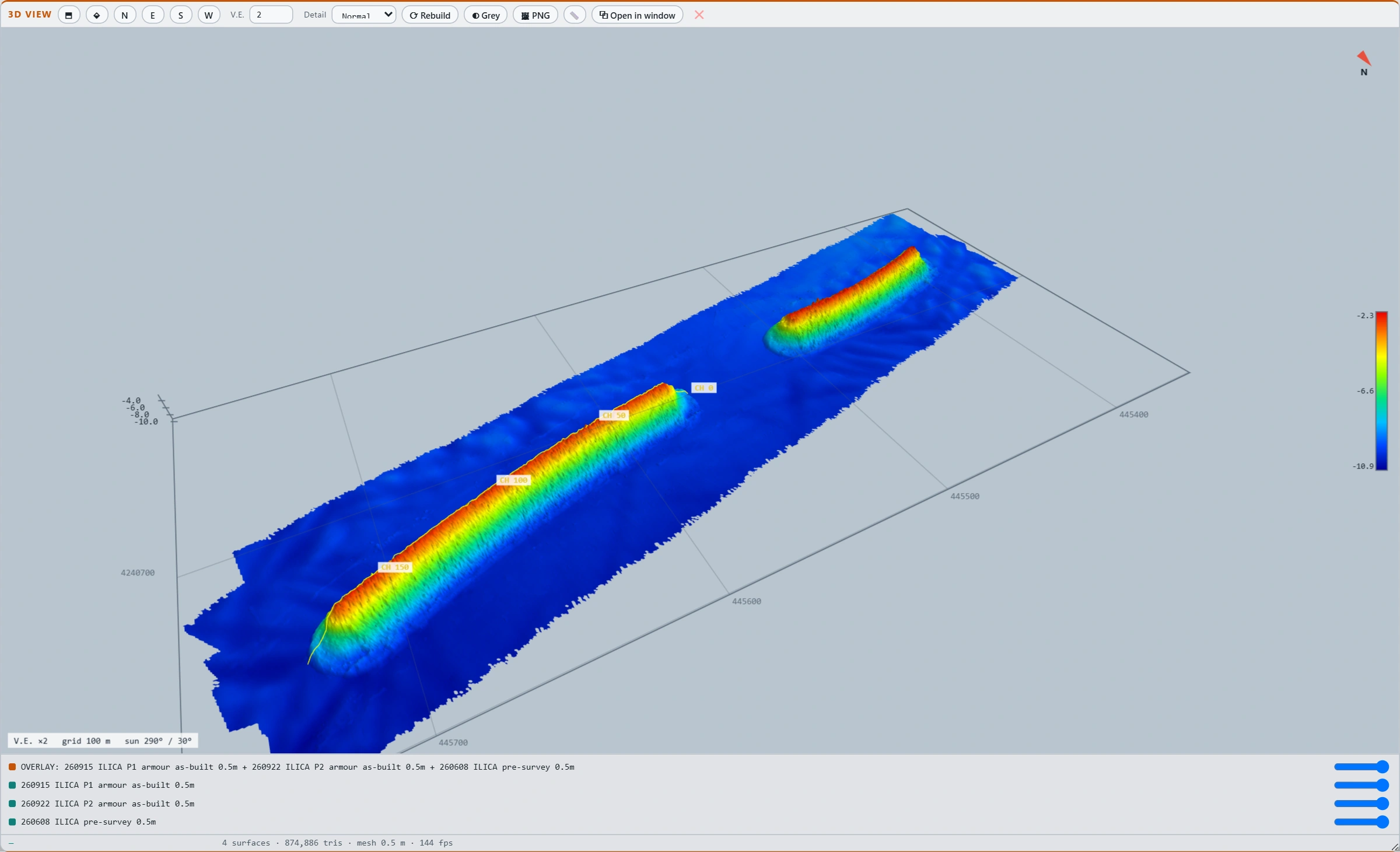 BATHYON Chart 3D view: two submerged rock structures on the seabed, coloured by depth, with the route chainages draped over the nearer one