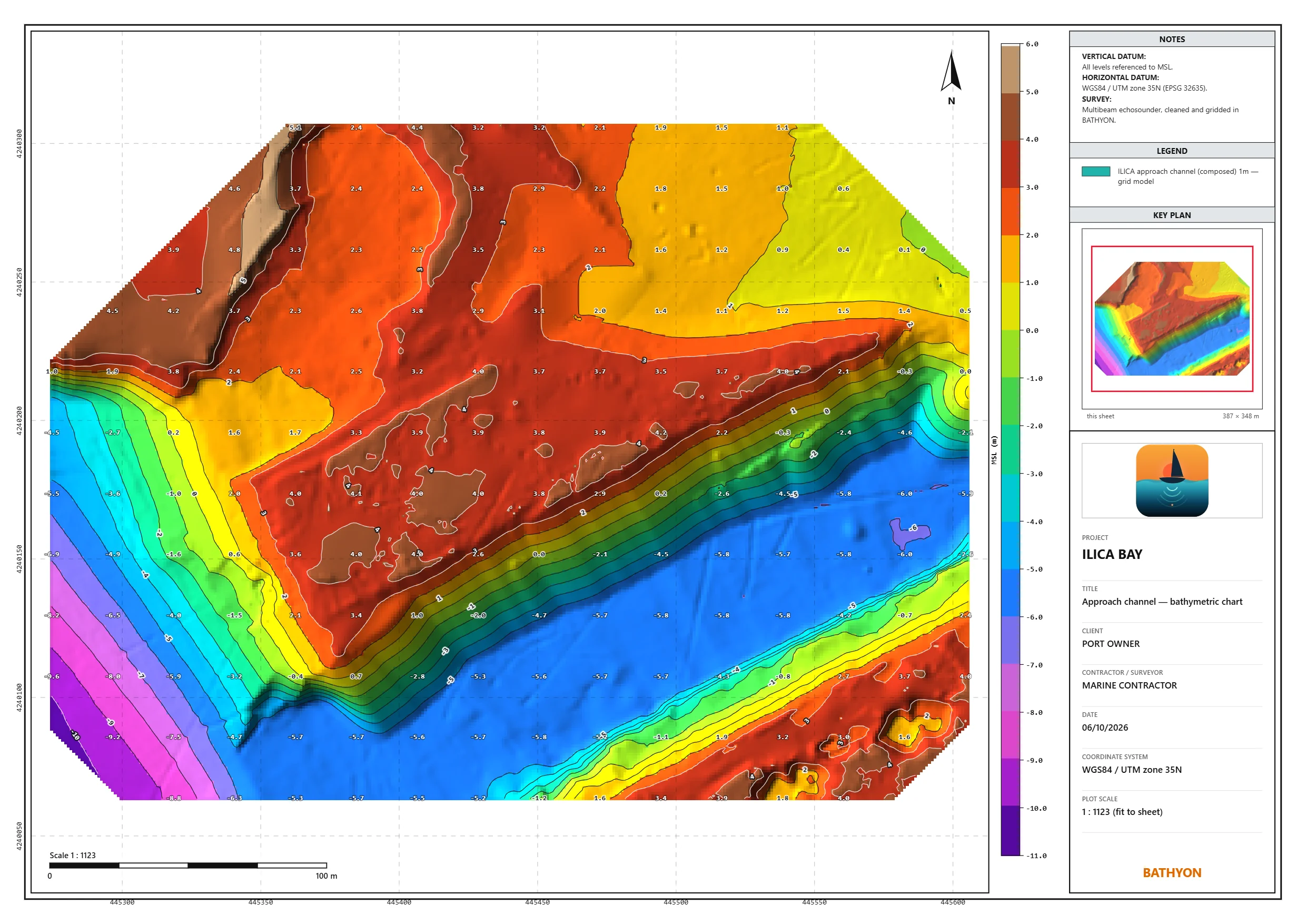 A chart report sheet: the seabed model in one-metre colour bands with labelled contours and spot levels, colour legend, north arrow, scale bar, and one side column with notes, key plan and title block